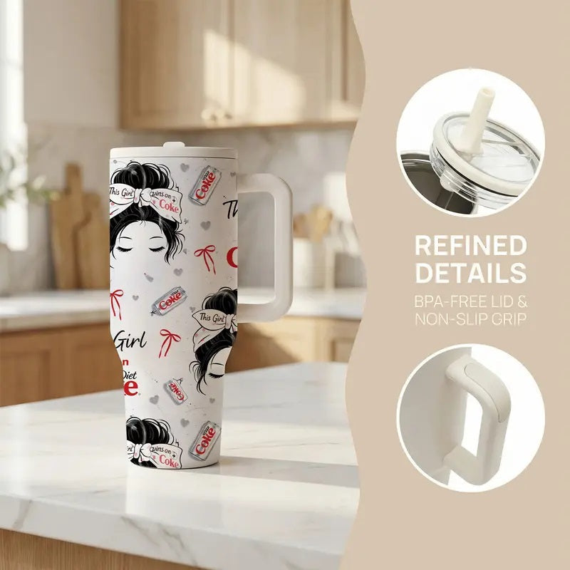 1 Pc Mikenda 40-Oz Stainless Steel Funny Quote Tumbler with Handle and Straw, This Girl Runs on Diet Coke Funny Design, Double-Wall Vacuum Insulated Mug