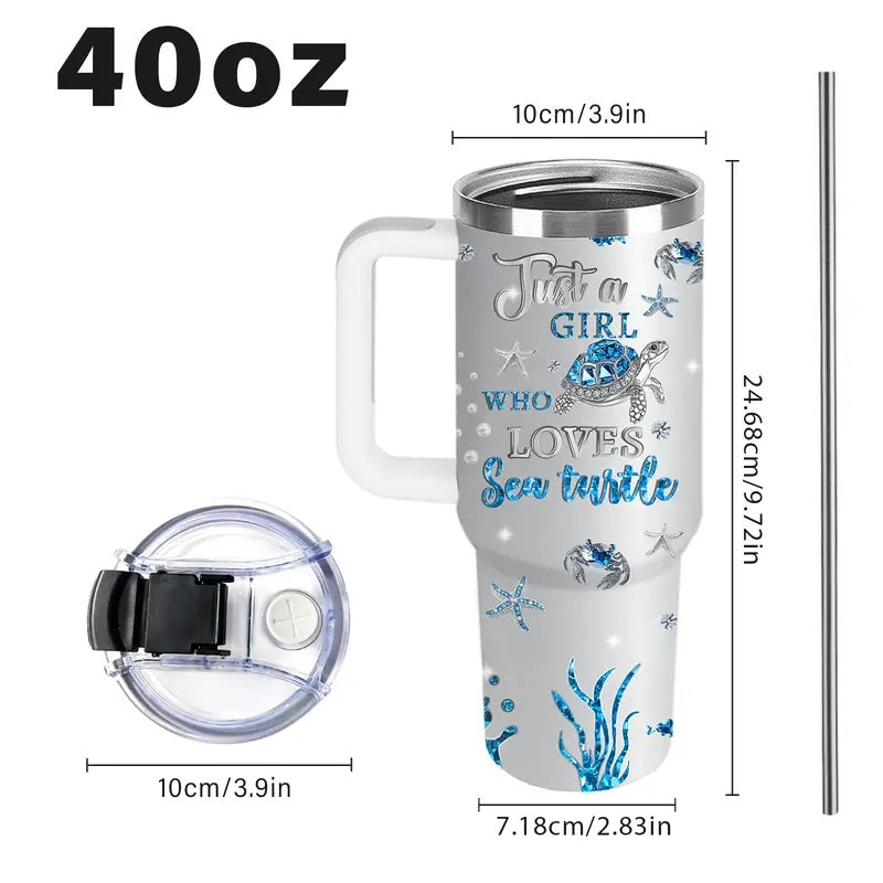 40oz Stainless Steel Insulated Vacuum Flask Tumbler - Sea Turtle & Marine Life Beach Coffee Drinkware with Straw, Handle, Ideal Women's Gift for Birthday, Christmas