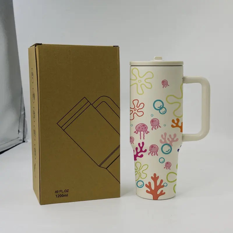 1PC 40oz Insulated Mug, Bikini Bottom Inspired Thermal Cup, Vacuum Insulated Tumbler, Ocean Jellyfish Coral Print, Double Wall, Leak-Proof, Handle & Straw Lid, 12H Hot/24H Cold Retention, Large Capacity Travel Tumbler