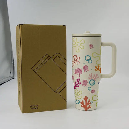 1PC 40oz Insulated Mug, Bikini Bottom Inspired Thermal Cup, Vacuum Insulated Tumbler, Ocean Jellyfish Coral Print, Double Wall, Leak-Proof, Handle & Straw Lid, 12H Hot/24H Cold Retention, Large Capacity Travel Tumbler