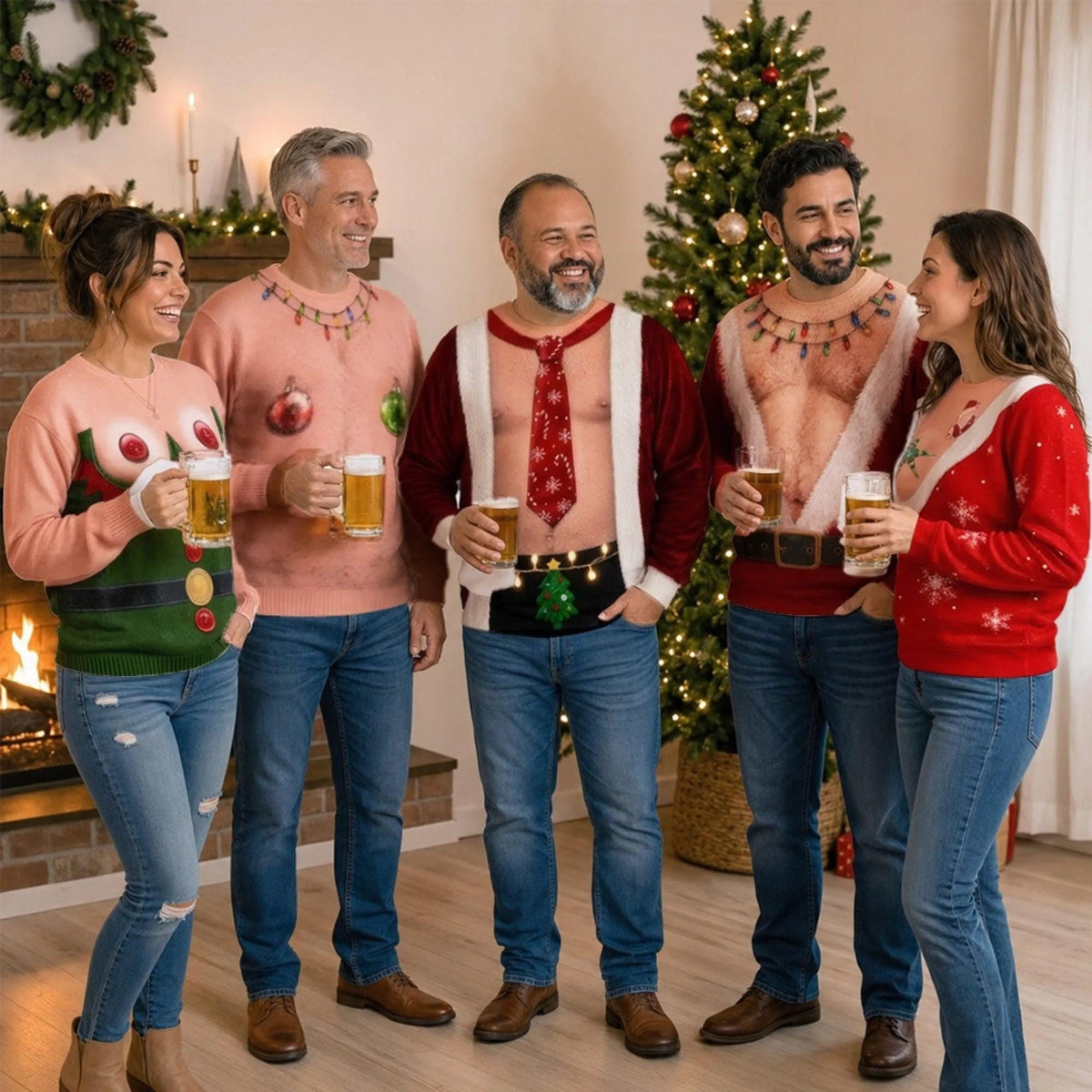 Funny Santa Abs Ugly Sweater, Hairy Chest 3D Print Holiday Party Gift, Chirstmas Gag Gift, Men Women Crewneck Pullover