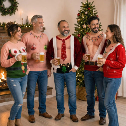 Funny Santa Abs Ugly Sweater, Hairy Chest 3D Print Holiday Party Gift, Chirstmas Gag Gift, Men Women Crewneck Pullover