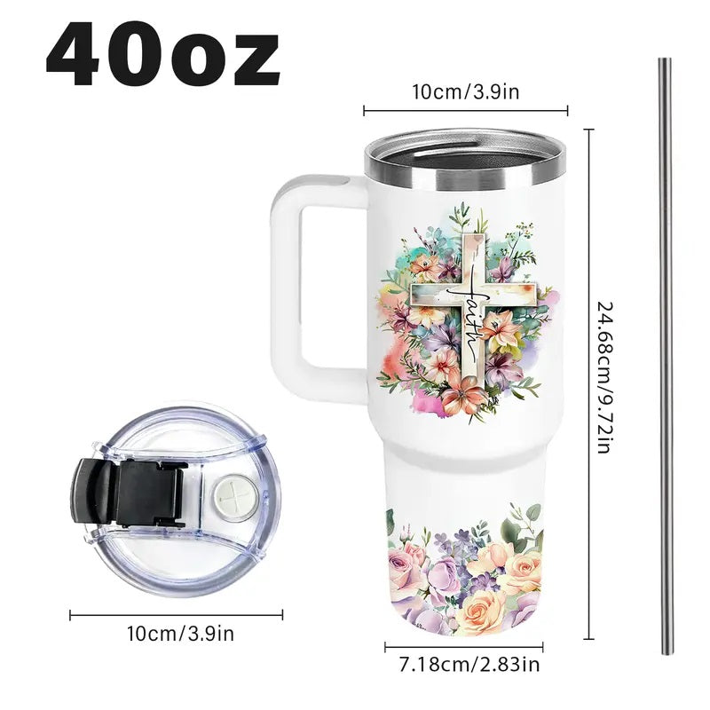 40oz Vacuum Flask Christian Women's Tumbler with Handle & Straw - Transparent Coffee Water Bottle, Faith-Inspired Religious Gift for Mom, Friends