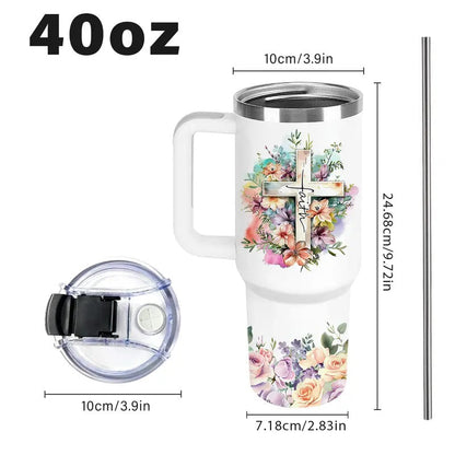 40oz Vacuum Flask Christian Women's Tumbler with Handle & Straw - Transparent Coffee Water Bottle, Faith-Inspired Religious Gift for Mom, Friends