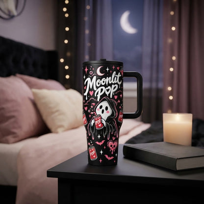 40oz Spooky Cute Ghost Tumbler with Handle and Straw Halloween Soda Lover Insulated Travel Mug Stainless Steel Cup Gift