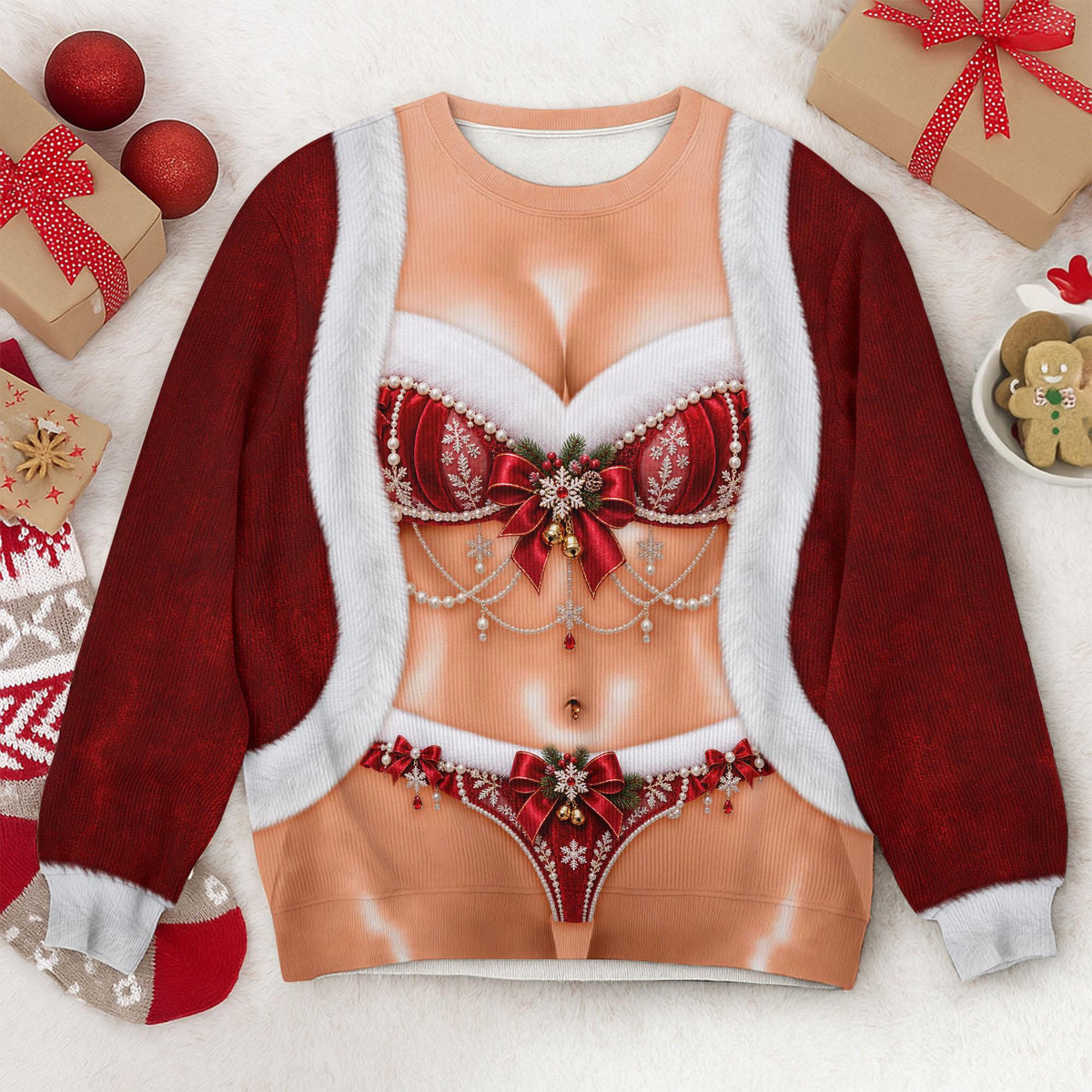 Funny Women’s Christmas Sweater, Sexy Santa Ugly Xmas Sweater, Santa Lingerie Body Illusion Shirt, White Elephant Gift for Her