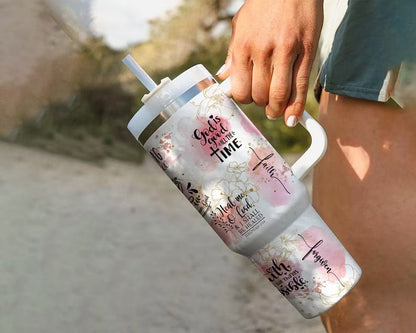 Christian Faith Bible Verse 40oz Tumbler with Handle and Straw - Pink Floral Inspirational Cup - Religious Gift for Women