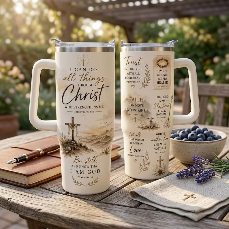 Christian Bible Verse 40oz Tumbler with Handle and Straw - Faith Inspirational Stainless Steel Cup - Religious Gift for Women