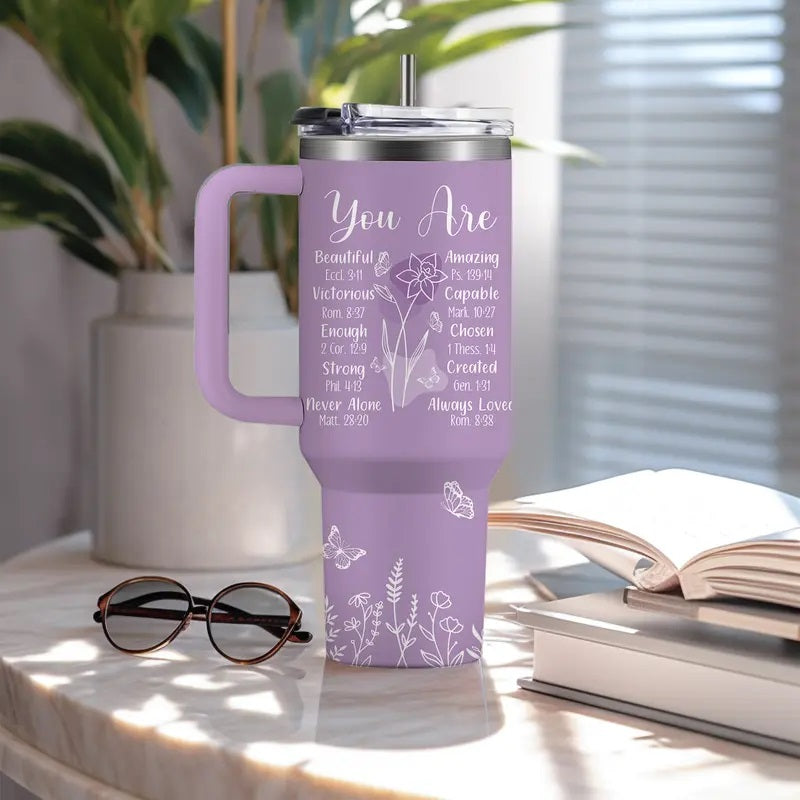Women's 40oz Sturdy Transparent Vacuum Flask Tumbler with Handle - Purple Christian Beach & Coffee Drinkware, Spiritual Encouragement Gift for Mom, Birthday, Christmas
