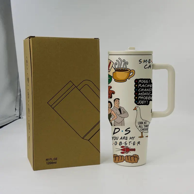 1pc 40oz Friends Fans Insulated Tumbler with Handle, Double Wall Vacuum Stainless Steel Travel Mug, Flasks, Drinkware, Keeps Cold 24H and Hot 12H, Leakproof Cup for Coffee, Office, Daily Use, Sitcom Inspired Gift for Friends, Birthdays, Holidays