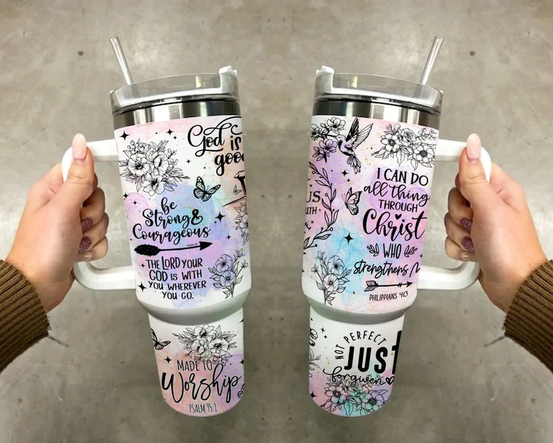 Christian Bible Verse 40oz Tumbler with Handle and Straw - Jesus Faith Floral Butterfly Cup - Inspirational Religious Gift for Women