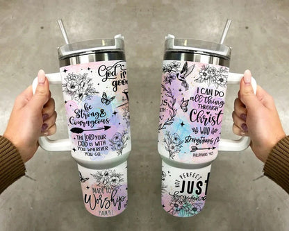 Christian Bible Verse 40oz Tumbler with Handle and Straw - Jesus Faith Floral Butterfly Cup - Inspirational Religious Gift for Women