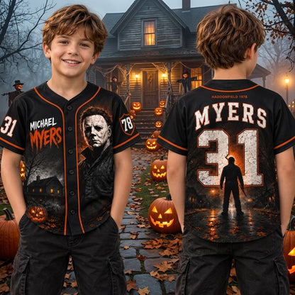 Kids Horror Slasher Baseball Jersey – Classic Horror Movie Characters 3D All-Over Print Button-Up Shirt, Halloween Outfit for Boys & Girls