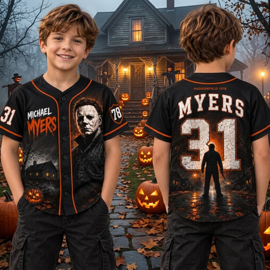 Kids Horror Slasher Baseball Jersey – Classic Horror Movie Characters 3D All-Over Print Button-Up Shirt, Halloween Outfit for Boys & Girls