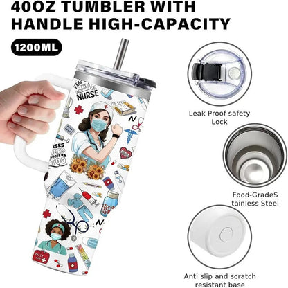 40oz Stainless Steel Tumbler with Handle - Insulated Portable Coffee Thermal Cup, Water Bottle for Women - Healthcare Professional Appreciation, Nurses Week, Nursing School Graduation Gifts