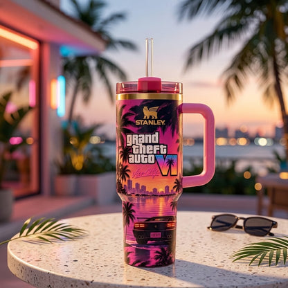 GTA VI Inspired 40oz Tumbler with Handle and Straw – Retro Miami Sunset, Tropical Palm Trees & 80s Neon Aesthetic Gaming Cup, Gift for Gamers