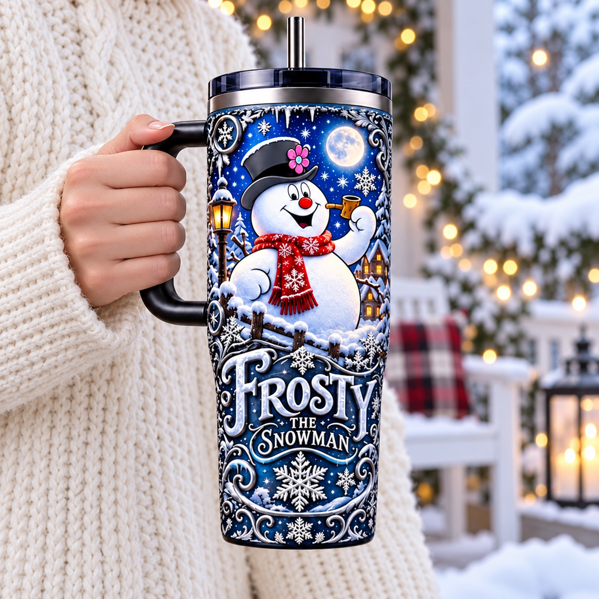Frosty the Snowman 40oz Christmas Tumbler with Handle and Straw, Cute Snowman Winter Insulated Cup, Holiday Travel Mug, Christmas Gift for Women