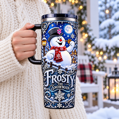 Frosty the Snowman 40oz Christmas Tumbler with Handle and Straw, Cute Snowman Winter Insulated Cup, Holiday Travel Mug, Christmas Gift for Women