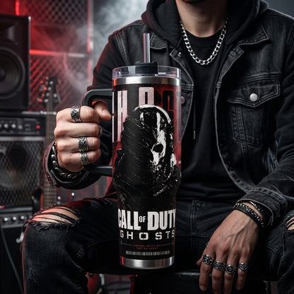 Call Of Duty Ghosts Tumbler COD Insulated Steel Drinkware 40oz Handle Coffee Cup, Portable Silicone-Lidded Reusable Bottle, COD Simon Riley Inspired, Printed Tactical Red-Black Graphic, "Legends Never Die They Go Ghost" Gamer Gift