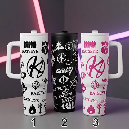 KATSEYE Inspired 40oz Tumbler Cup, Aesthetic Kpop Fan Gift, Stainless Steel Insulated Travel Mug with Handle, Idol Style Water Bottle, Birthday Christmas Holiday Gift for Music Lovers, Collectible Insulated Vacuum Drinkware