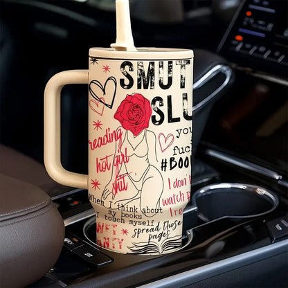 1 pc 40oz Insulated Mug with Handle and Straw Lid, Double-Wall Vacuum Leakproof Tumbler, Leak-Proof Large-Capacity Thermal Cup Keeps Drinks Hot 12 Hours and Cold 24 Hours, Smut Book Club Dark Rose Heart Print Gift for Women and Men, Insulated Travel Cup