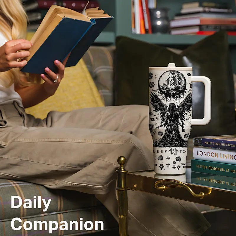 40 oz Sleep Token Insulated Gothic Fantasy Tumbler with Handle and Straw, Gothic Angel Moon Art Stainless Steel Vacuum Insulated Travel Mug, Large Capacity Car Coffee Thermos Keeps Drinks Hot