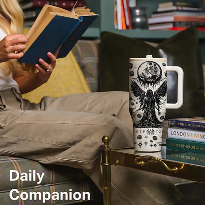 40 oz Sleep Token Insulated Gothic Fantasy Tumbler with Handle and Straw, Gothic Angel Moon Art Stainless Steel Vacuum Insulated Travel Mug, Large Capacity Car Coffee Thermos Keeps Drinks Hot