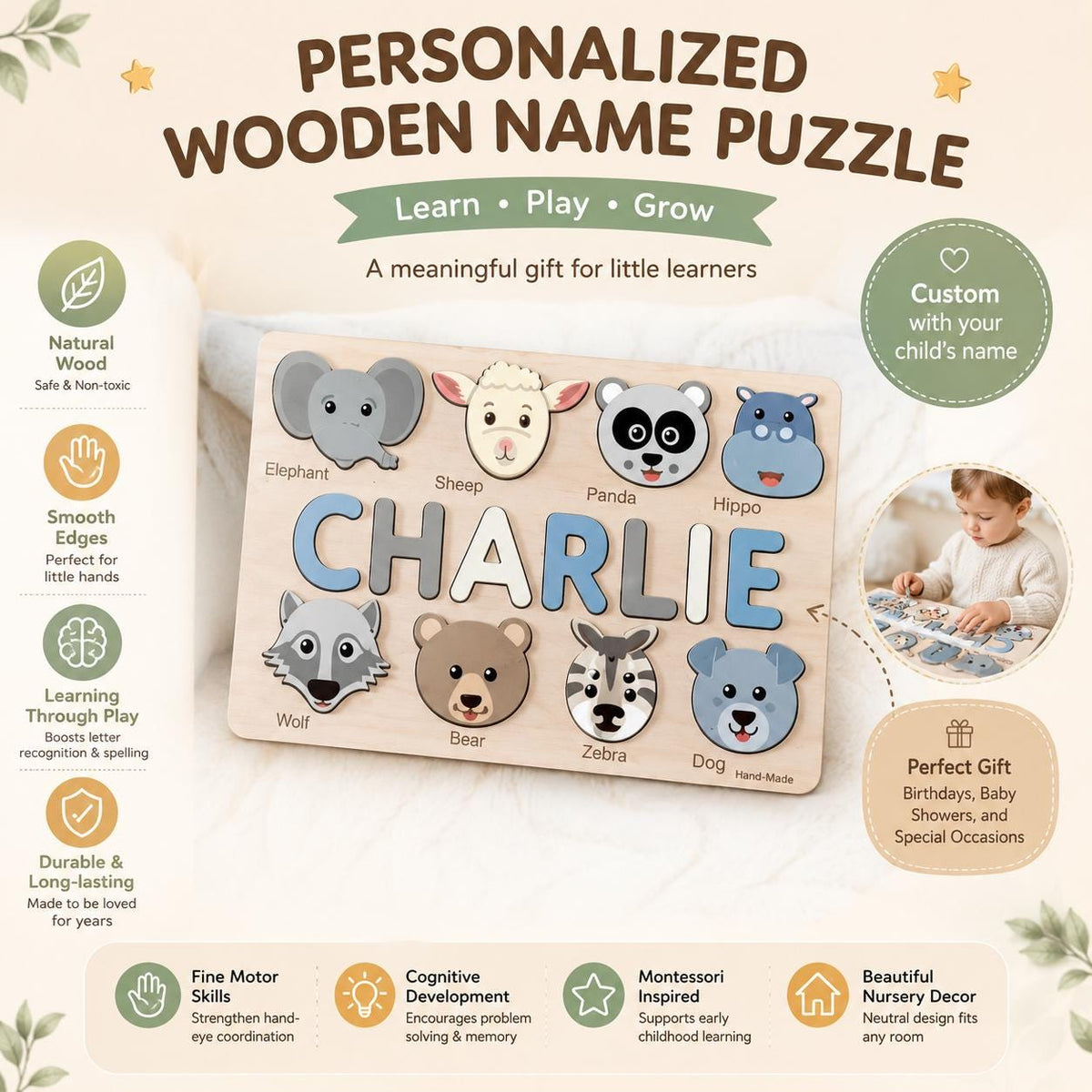 Personalized Ocean Name Puzzle, Sea Animal Wooden Puzzle for Kids, Custom Montessori Name Board, Under the Sea Toddler Toy