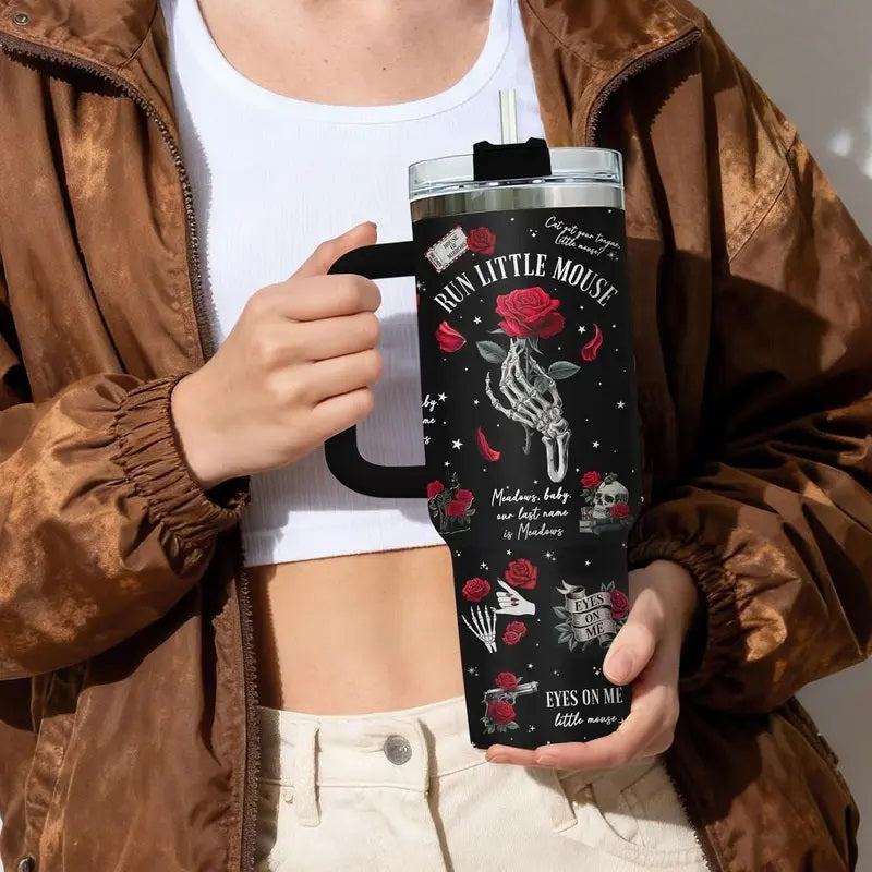 Dark Romance Bookish Tumbler, 40oz Stainless Steel Cup with Handle, Skeleton Hand and Rose Design, Run Little Mouse Coffee Cup, Birthday Gifts for Book Lovers, Fans, Kitchen Drinkware