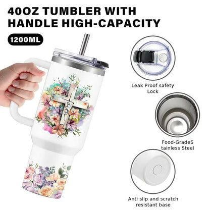 40oz Vacuum Flask Christian Women's Tumbler with Handle & Straw - Transparent Coffee Water Bottle, Faith-Inspired Religious Gift for Mom, Friends