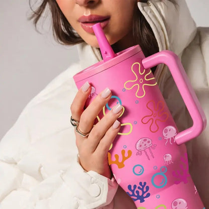 1PC 40oz Insulated Mug, Bikini Bottom Inspired Thermal Cup, Vacuum Insulated Tumbler, Ocean Jellyfish Coral Print, Double Wall, Leak-Proof, Handle & Straw Lid, 12H Hot/24H Cold Retention, Large Capacity Travel Tumbler