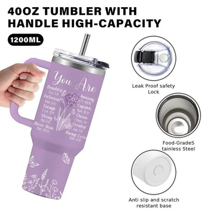 Women's 40oz Sturdy Transparent Vacuum Flask Tumbler with Handle - Purple Christian Beach & Coffee Drinkware, Spiritual Encouragement Gift for Mom, Birthday, Christmas