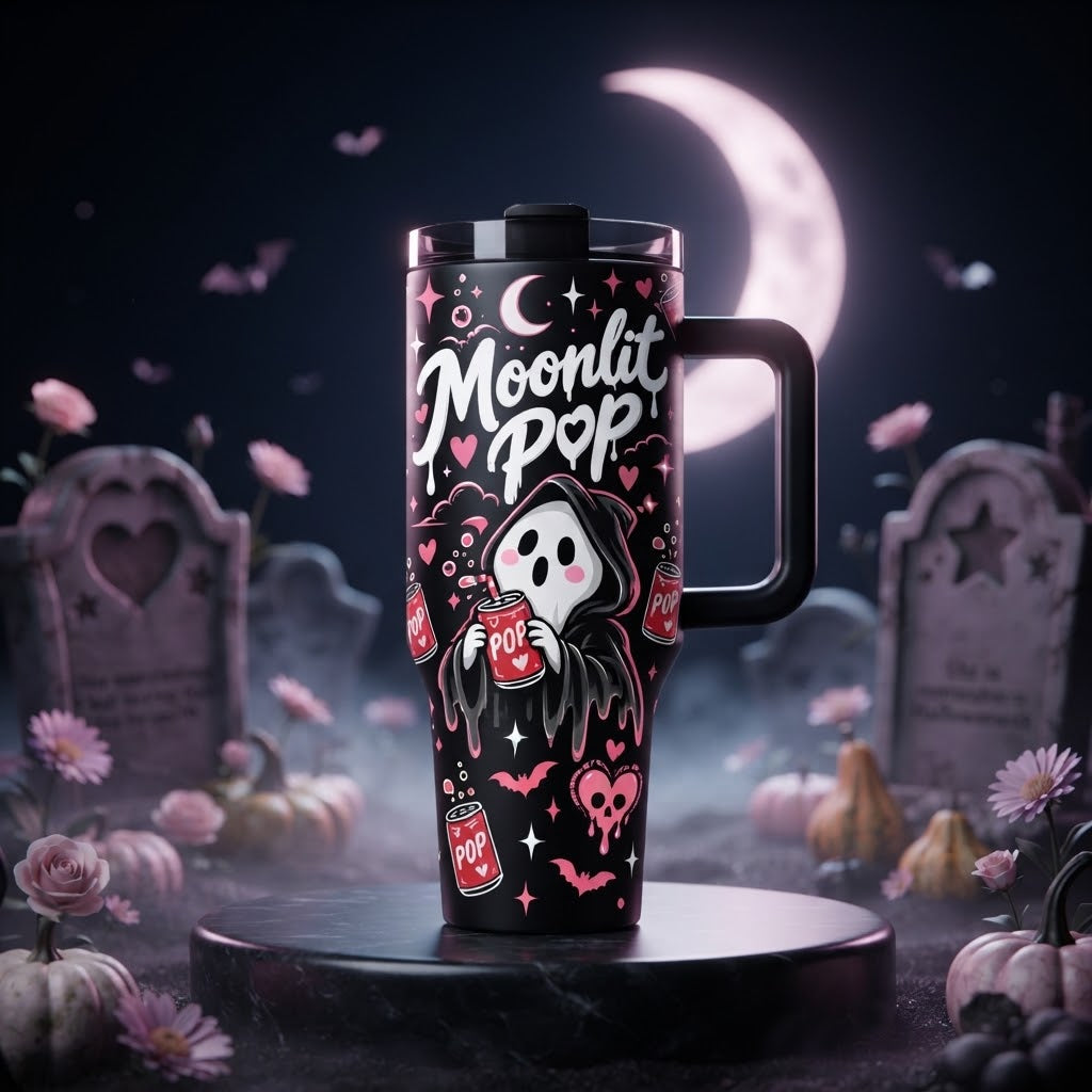 40oz Spooky Cute Ghost Tumbler with Handle and Straw Halloween Soda Lover Insulated Travel Mug Stainless Steel Cup Gift