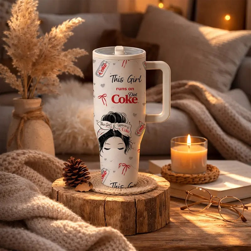 1 Pc Mikenda 40-Oz Stainless Steel Funny Quote Tumbler with Handle and Straw, This Girl Runs on Diet Coke Funny Design, Double-Wall Vacuum Insulated Mug