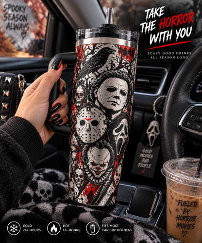 Horror Movie 40oz Tumbler – Scary Icons Insulated Travel Mug with Handle & Straw, Halloween Gift for Horror Fans