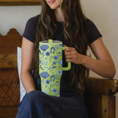1pc 40oz Stainless Steel Insulated Tumbler with Handle, Insulated Travel Drinkware, Blue Floral Print Travel Mug with Lid, Large Capacity Cup for Water, Coffee, Tea and Iced Drinks, Reusable Portable Car Cup for Home