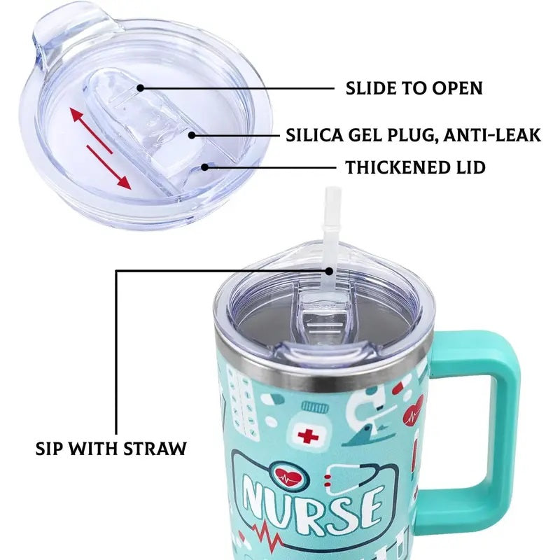40oz Stainless Steel Printed Insulated Nurse Vacuum Flask Bottle - Anti-Leak Indoor Drinkware with Lid, Straw - Nursing Student Gifts for Valentines, Mothers Day, Portable Kitchenware for Coffee