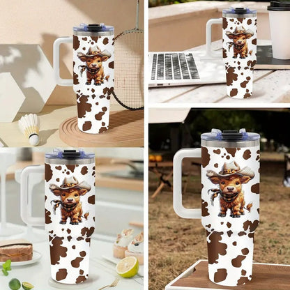 1pc 40oz Stainless Steel Insulated Highland Cattle Cow Tumbler - Vacuum Flask Travel Drinkware with Lid & Straw, Must-Have Gift for Cow Lovers, Mom & Friend, Stainless Steel Flask, Animal-Themed Portable Drinkware