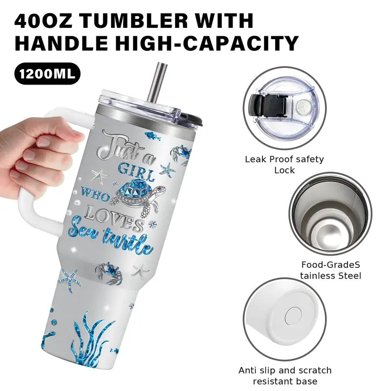 40oz Stainless Steel Insulated Vacuum Flask Tumbler - Sea Turtle & Marine Life Beach Coffee Drinkware with Straw, Handle, Ideal Women's Gift for Birthday, Christmas