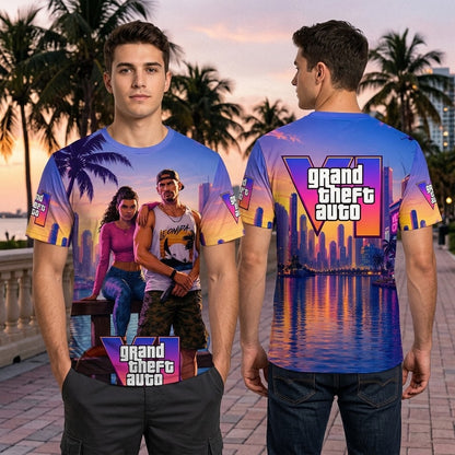 GTA 6 Vice City Inspired T-Shirt, Grand Theft Auto VI Graphic Tee, Retro Miami Sunset Gaming Shirt, Gamer Gift for Men and Women