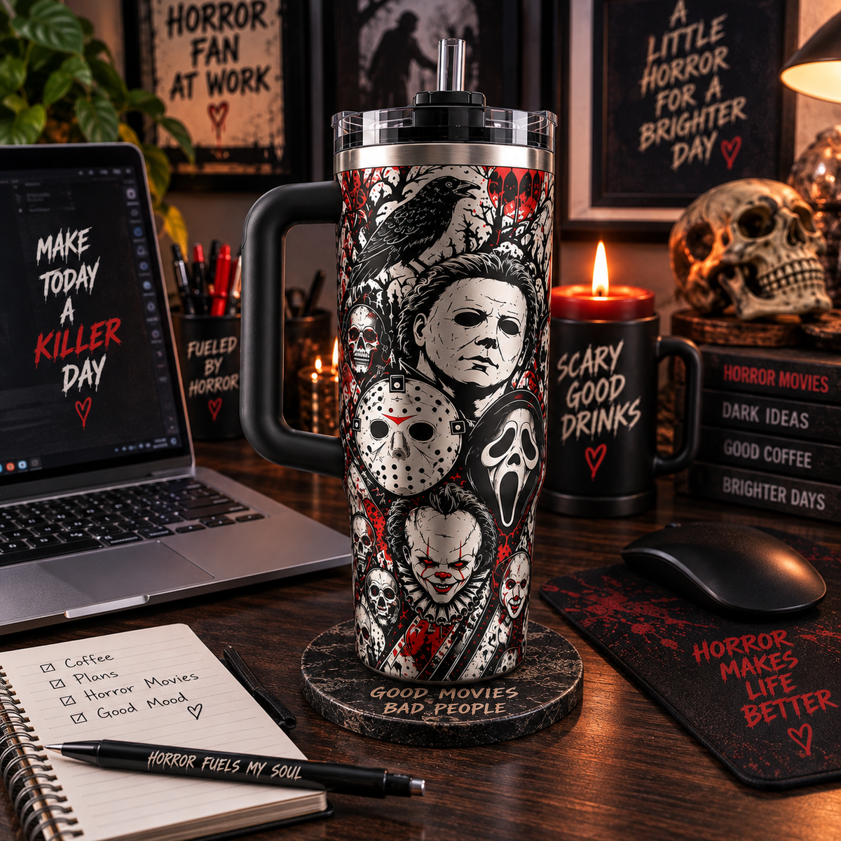 Horror Movie 40oz Tumbler – Scary Icons Insulated Travel Mug with Handle & Straw, Halloween Gift for Horror Fans