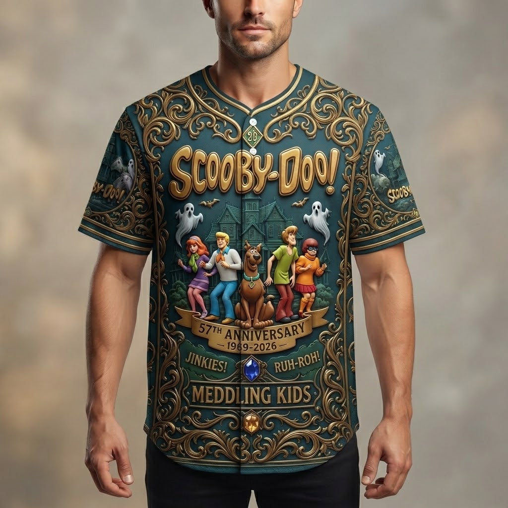 Scoobii-Doooo 57th Anniversary 1969–2026 3D All-Over Print Baseball Jersey – Mystery Inc. Retro Haunted Adventure Button-Up Shirt, Fan Gift