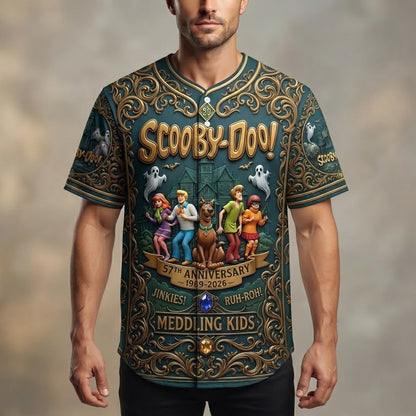 Scoobii-Doooo 57th Anniversary 1969–2026 3D All-Over Print Baseball Jersey – Mystery Inc. Retro Haunted Adventure Button-Up Shirt, Fan Gift