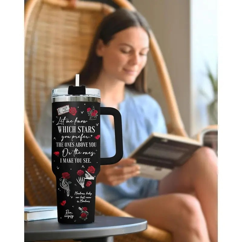Dark Romance Bookish Tumbler, 40oz Stainless Steel Cup with Handle, Skeleton Hand and Rose Design, Run Little Mouse Coffee Cup, Birthday Gifts for Book Lovers, Fans, Kitchen Drinkware