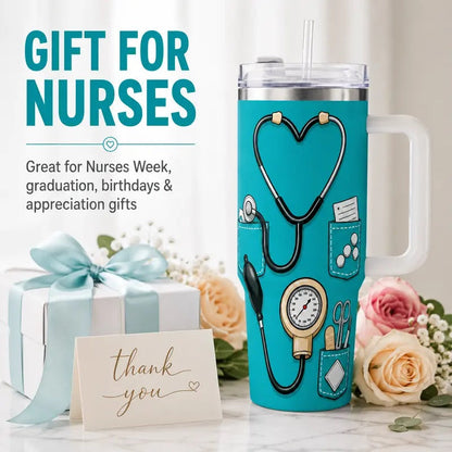 Nurse Gifts for Women 40oz Insulated Stainless Steel Tumbler with Handle and Straw, Nurse Nutrition Facts Water Cup, Nurses Week Appreciation Gift