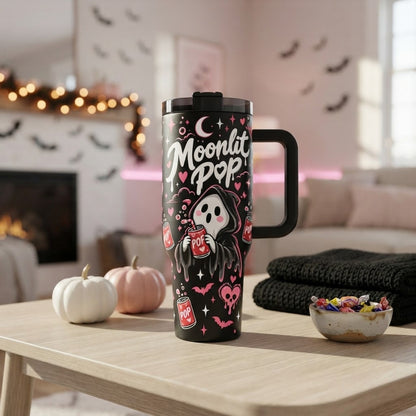 40oz Spooky Cute Ghost Tumbler with Handle and Straw Halloween Soda Lover Insulated Travel Mug Stainless Steel Cup Gift