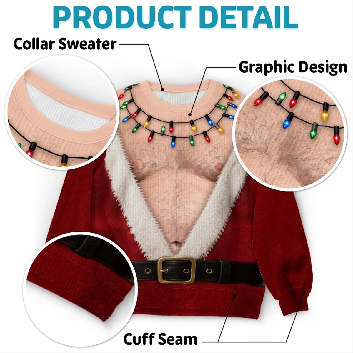Funny Santa Abs Ugly Sweater, Hairy Chest 3D Print Holiday Party Gift, Chirstmas Gag Gift, Men Women Crewneck Pullover