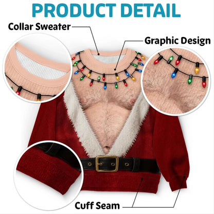 Funny Santa Abs Ugly Sweater, Hairy Chest 3D Print Holiday Party Gift, Chirstmas Gag Gift, Men Women Crewneck Pullover