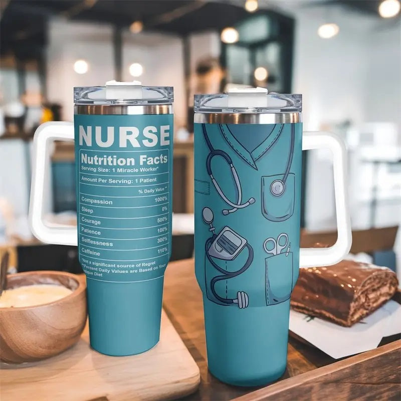Nurse Themed Stainless Steel Tumbler with Lid, Ice Coffee Tumbler, 1 Count 40oz Insulated Water Bottle with Lid, Drinking Cup for Home Office School Outdoor Camping, Drinkware