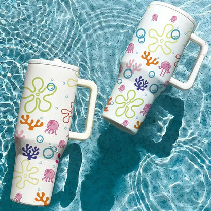 1PC 40oz Insulated Mug, Bikini Bottom Inspired Thermal Cup, Vacuum Insulated Tumbler, Ocean Jellyfish Coral Print, Double Wall, Leak-Proof, Handle & Straw Lid, 12H Hot/24H Cold Retention, Large Capacity Travel Tumbler
